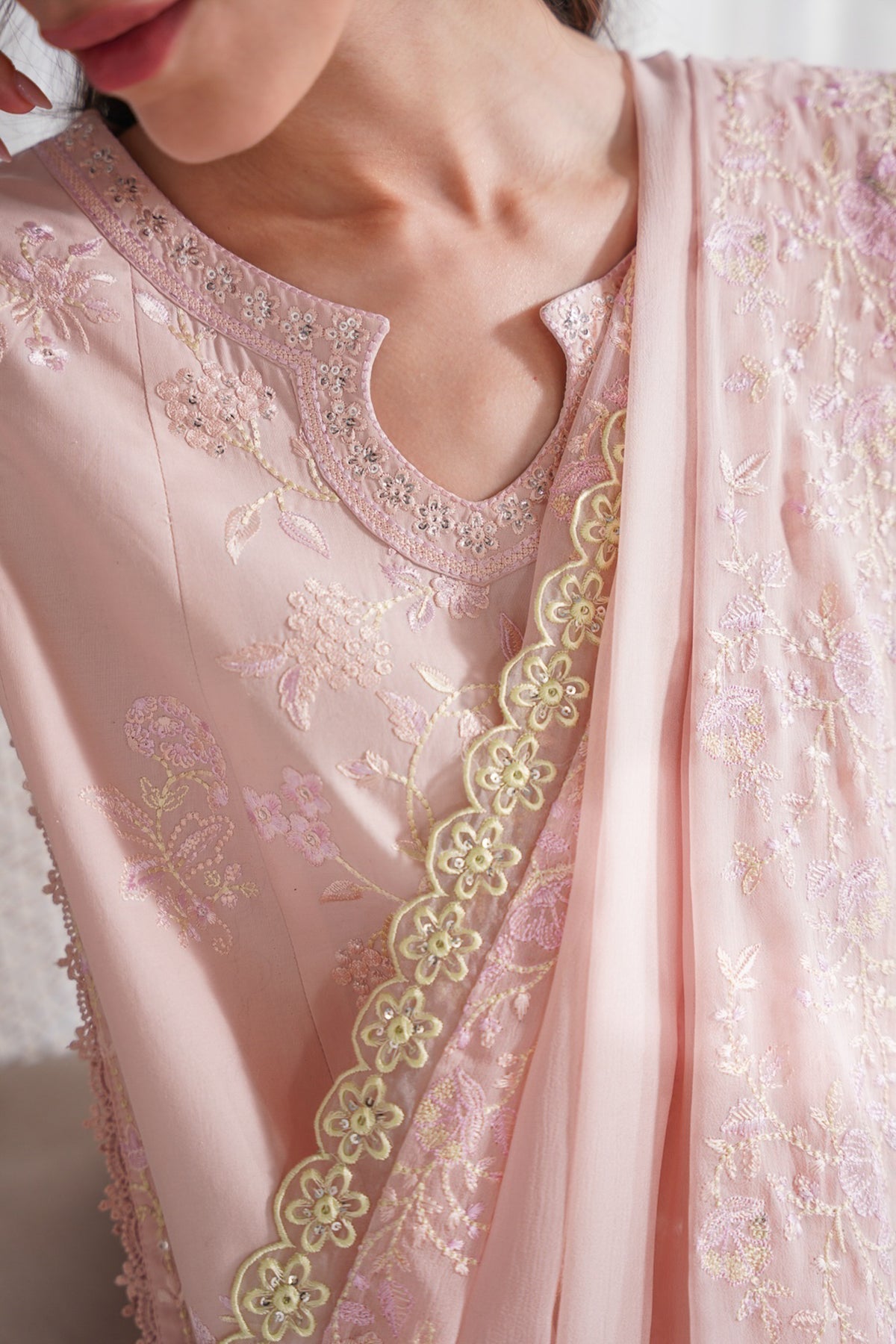 PASTEL PINK LUXURY EMBROIDERED 3PCS KALIDAR SET NPA3-25413 (EID 2025 READY TO WEAR)