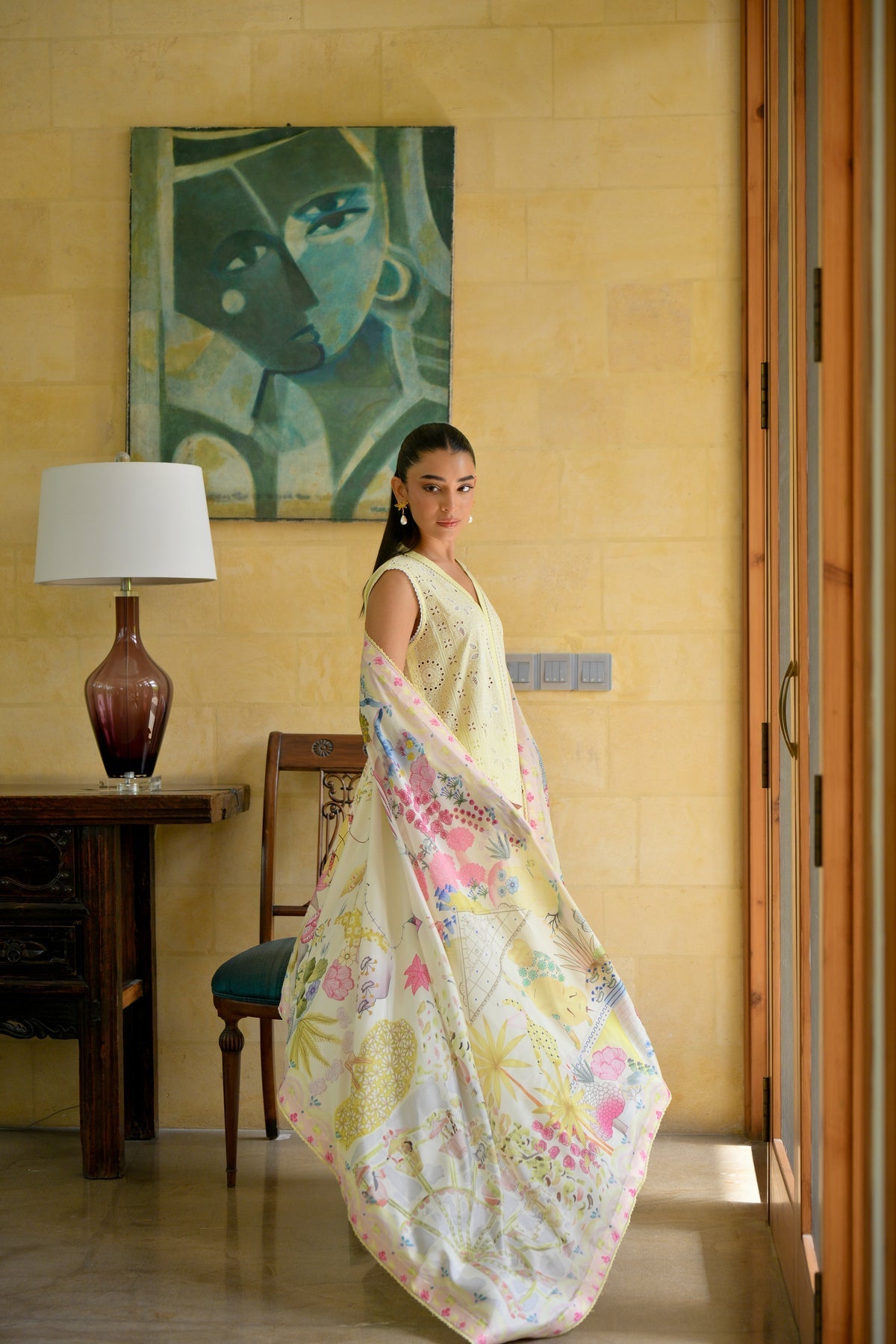 CARNIVAL (1) BUTTER YELLOW LUXURY PRINTED EMBROIDERED LAWN SET (NEL-25614)